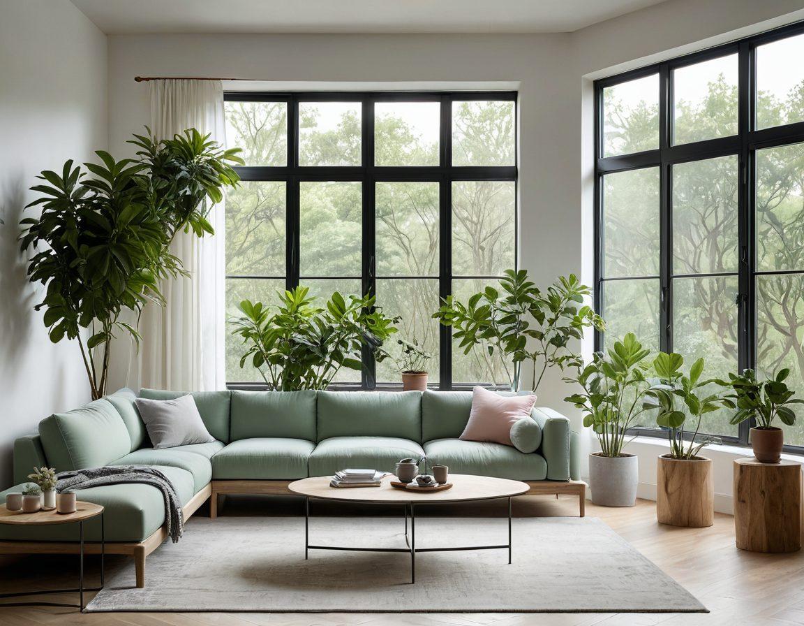 A serene scene that embodies simplicity, featuring a cozy, minimalist living space with natural light streaming through large windows, showcasing plants, handmade decor, and soft textures. A person sipping tea, with a relaxed expression, in a calm pose, surrounded by elegant yet simple furnishings. The atmosphere should evoke tranquility and joy in minimal living. soft light, pastel colors, cozy aesthetic.