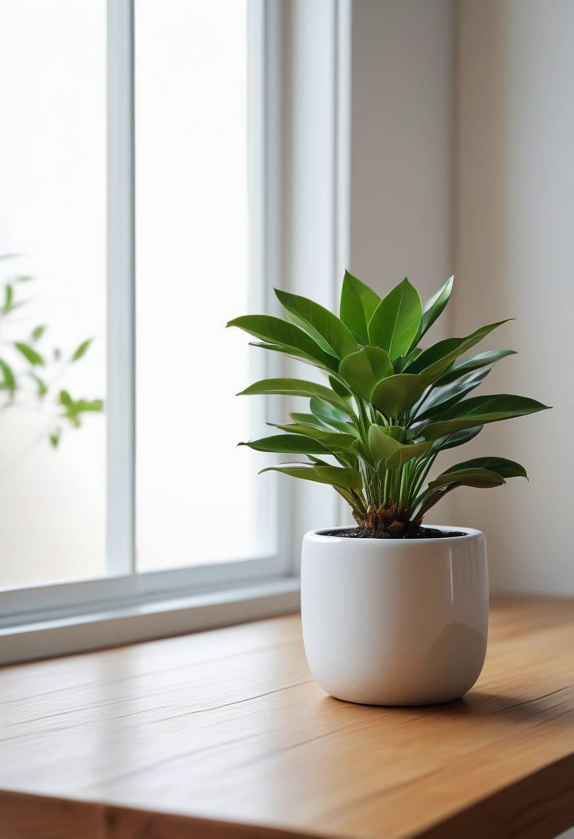A serene minimalist scene featuring a single vibrant green plant blooming in a white pot on a clean, polished wooden table. Soft, natural light filtering through a nearby window creates a warm atmosphere, with a hint of gentle sunlight casting shadows. The background is pure white, emphasizing simplicity and freshness. Include subtle elements of zen, like a smooth stone or a small candle, to enhance the feeling of tranquility. super-realistic. vibrant colors. white background.