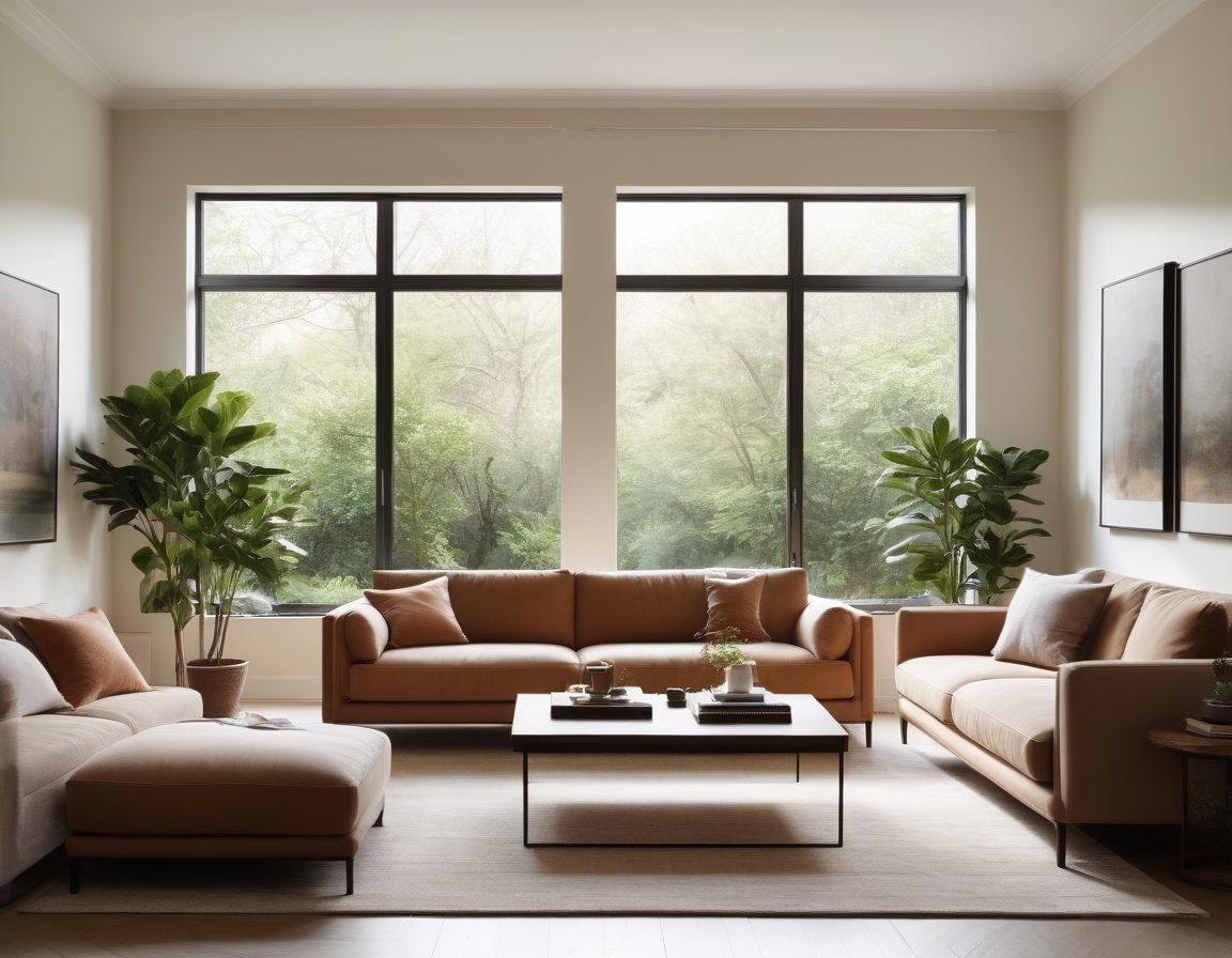 A serene and uncluttered living space with natural light streaming through large windows, featuring a minimalist design with soft, neutral colors, simple furnishings, and indoor plants to evoke a sense of calm and joy. Incorporate elements of nature and clean lines for a chic aesthetic. The overall vibe should feel blissful and inviting. super-realistic. warm tones.